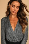 Lulus Do The Disco Silver Metallic Surplice Long Sleeve Bodysuit In Silver