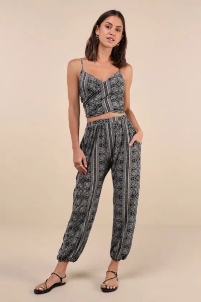 Lulus Doin' It Right Black Scarf Print Wrap Two-piece Jumpsuit