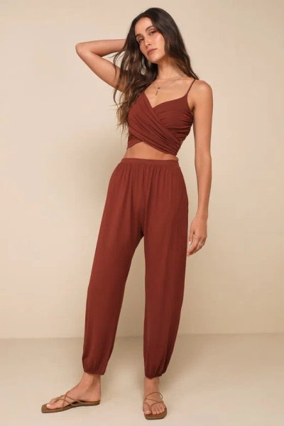 Lulus Doin' It Right Brown Wrap Two-piece Jumpsuit