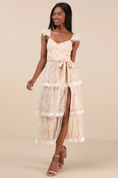 Lulus Dolora Blush Floral Bustier Tiered Midi Dress In Pink