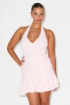 Lulus Dominique Blush Pink Lace Ruched Halter Mini Dress In White