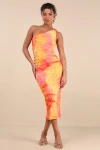 Lulus Donica Yellow Multi Tie-dye One-shoulder Midi Dress In Yellow