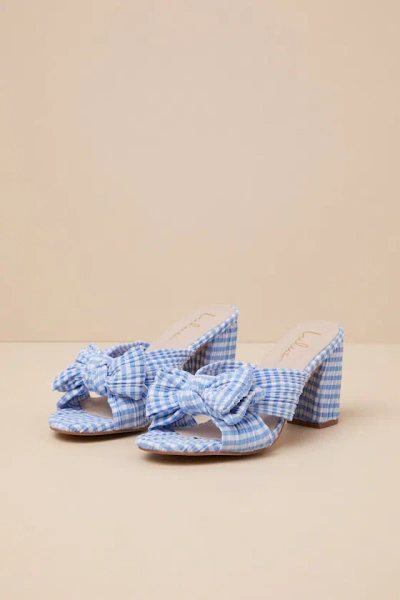 Lulus Dorothea Gingham Blue Knotted High Heel Sandals