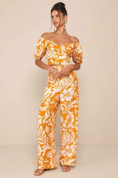 Lulus Double The Charm Orange Floral High-rise Straight Leg Pants