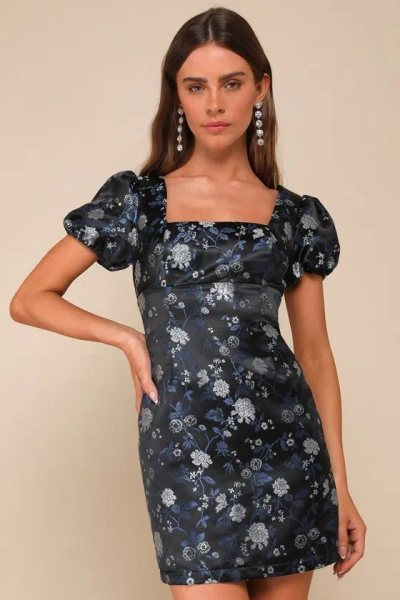 Lulus Dramatic Beauty Black Floral Jacquard Puff Sleeve Mini Dress