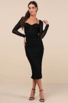 Lulus Dramatic Demure Black Mesh Halter Bustier Midi Dress In Black