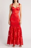 Lulus Dramatic Desires Red Embroidered Bustier Tie-strap Maxi Dress