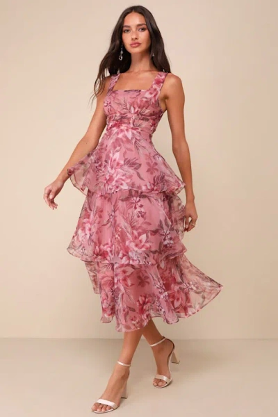 Lulus Dramatic Glamour Mauve Floral Organza Tiered Midi Dress