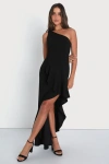 Lulus Dramatic Persona Black One-shoulder Ruffled Maxi Dress In Black