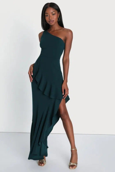 Lulus Dramatic Persona Emerald Green One-shoulder Ruffled Maxi Dress
