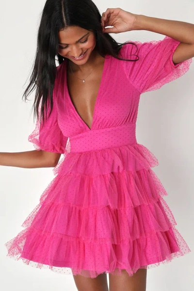 Lulus Dramatic Poise Hot Pink Dot Tulle Puff Sleeve Tiered Mini Dress