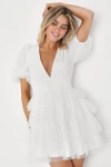 Lulus Dramatic Poise White Dot Tulle Puff Sleeve Tiered Mini Dress In White