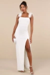 Lulus Dramatic Promise White Feather Strap Ruched Column Maxi Dress In White