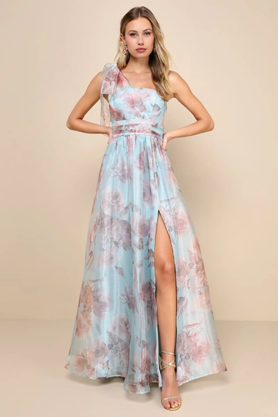 Lulus Dramatically Lovely Blue Floral Organza One-shoulder Maxi Dress