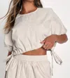 Lulus Coolest Cutie Beige Short Sleeves Drawstring Crop Top In Beige