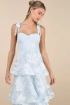 Lulus Drayson Light Blue Floral Burnout Tie-strap Tiered Midi Dress In Light Blue