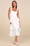 Lulus Drayson White Floral Burnout Tie-strap Tiered Midi Dress In White