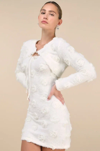 Lulus Dream Charisma Ivory Eyelash Knit Rosette Shrug Midi Dress Set