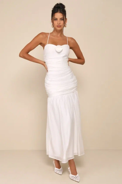 Lulus Dream Elegance White Ruched Rosette Drop Waist Maxi Dress