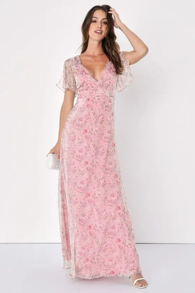 Lulus Dreamiest Desires Pink Floral Flutter Sleeve Organza Maxi Dress