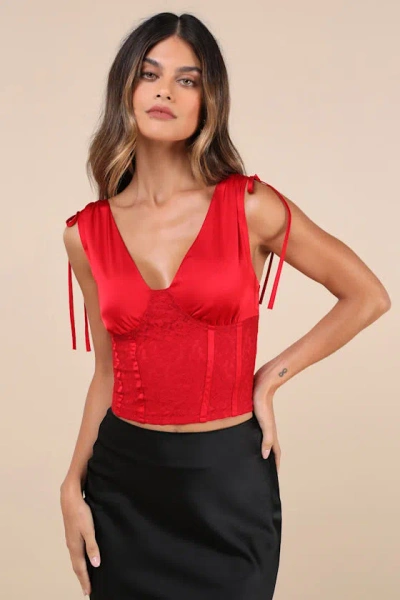 Lulus Dreamily Sultry Red Satin Lace Bustier Lace-up Tank Top