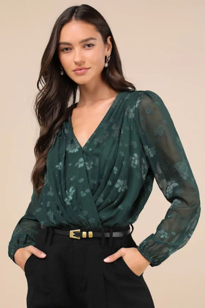 Lulus Dreaming Of Delight Green Burnout Surplice Pleated Bodysuit