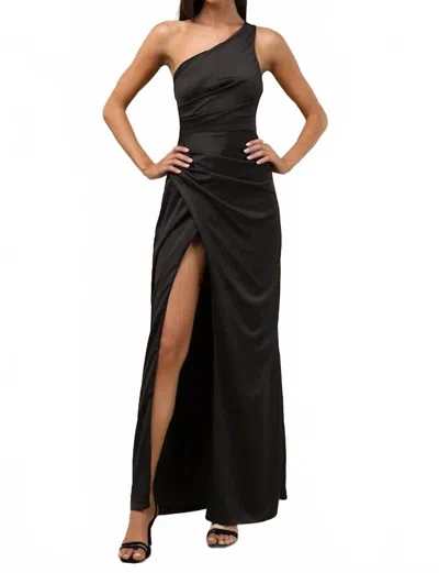 Lulus Dreaming Of Elegance Satin One-shoulder Maxi Dress In Black