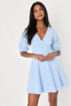 Lulus Dreaming Of Paris Blue Puff Sleeve Mini Dress With Pockets In Blue