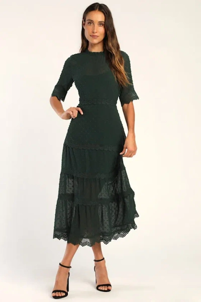 Lulus Dreaming Of You Emerald Green Swiss Dot Midi Dress