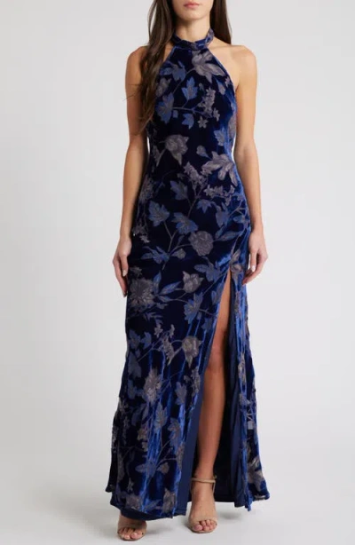 Lulus Dreamy Blossom Burnout Velvet Halter Gown In Blue Floral