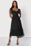 Lulus Dreamy Celebration Black Tulle Bustier Swiss Dot Midi Dress In Black