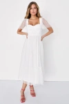 Lulus Dreamy Celebration White Tulle Bustier Swiss Dot Midi Dress In White
