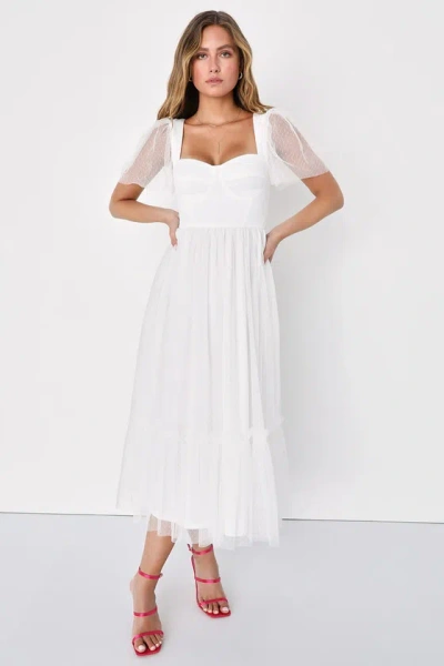 Lulus Dreamy Celebration White Tulle Bustier Swiss Dot Midi Dress
