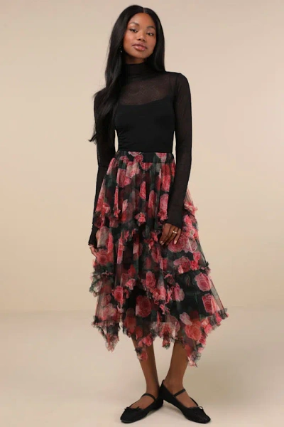 Lulus Dreamy Charisma Black Floral Mesh Tiered Handkerchief Midi Skirt