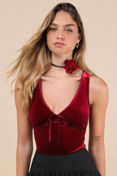 Lulus Dreamy Chicness Berry Red Velvet Sleeveless Bodysuit