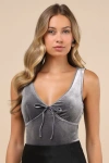 Lulus Dreamy Chicness Dark Grey Velvet Sleeveless Bodysuit In Dark Grey