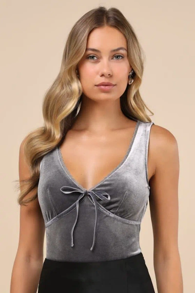 Lulus Dreamy Chicness Dark Grey Velvet Sleeveless Bodysuit