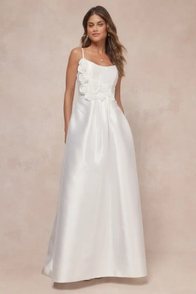 Lulus Dreamy Forever White Taffeta Rosette Maxi Dress With Pockets