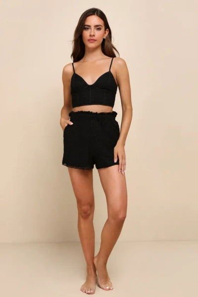 Lulus Dreamy Passion Black Embroidered Bustier Two-piece Pajama Set