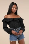 Lulus Dreamy Perception Black Ruffled Long Sleeve Off-the-shoulder Top In Black