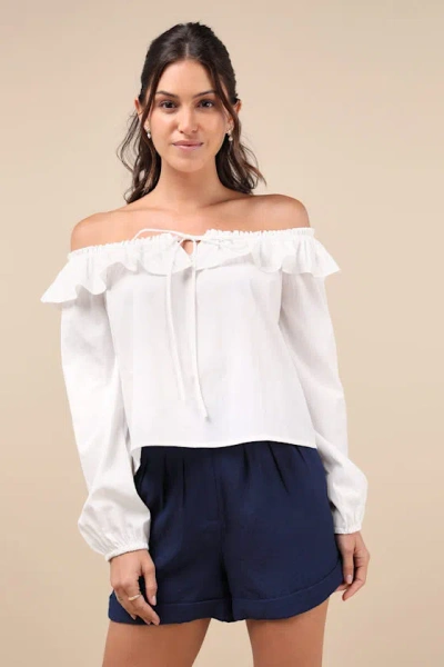 Lulus Dreamy Perception White Ruffled Long Sleeve Off-the-shoulder Top
