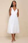 Lulus Dreamy Presence White Tulle Floral Applique Bow Midi Dress In White