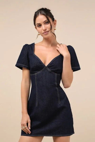 Lulus Dreamy Strolls Dark Wash Short Sleeve Denim Mini Dress In Blue