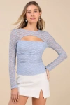 Lulus Dynamic Charm Periwinkle Blue Lace Cutout Long Sleeve Top In Periwinkle Blue