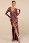Lulus Dynamic Sensation Dark Mauve Floral Velvet Burnout Maxi Dress In Mauve