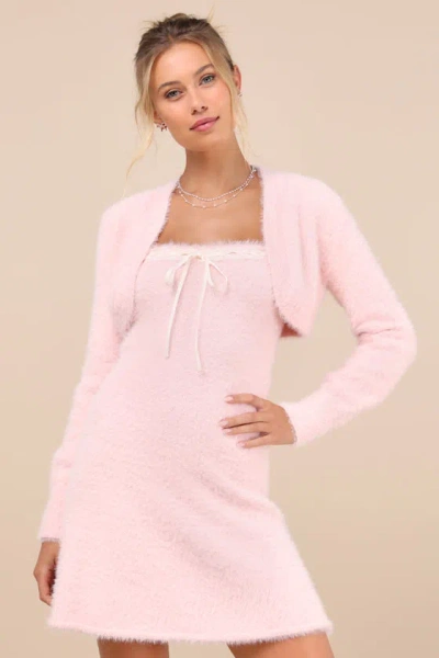 Lulus Dynamic Sweetheart Pink Eyelash Knit Mini Dress & Shrug Set