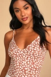 Lulus Each And Every Bloom Rust Brown Floral Print Sleeveless Bodysuit In Rust Brown