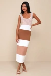 Lulus Easily Gorgeous Ivory And Brown Striped Midi Sweater Dress In Ivory