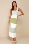 Lulus Easily Gorgeous Ivory And Sage Green Striped Midi Sweater Dress In Sage Green