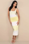 Lulus Easily Gorgeous Ivory And Yellow Striped Midi Sweater Dress
